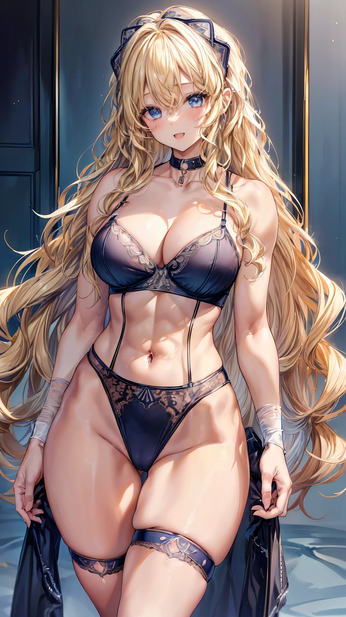 (Adult women:1.5)、Very detailed、highest quality、Best image quality、masterpiece、8k、Anime Face、A kind smile、(Open your mouth:1.3)、Sparkling blue eyes、(Blonde Wavy Hair:1.5)、、Muscles of the whole body、(High leg:1.5)、Thigh belt、(Wearing lingerie:1.5)、(Cowboy Shot:1.5)、SFW Giant