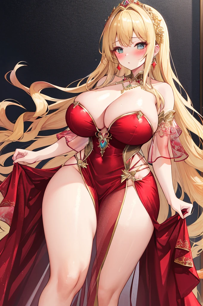 A woman with big ,(Gorgeous woman),Gorgeous red Rococo dance dress,Long blond hair,Delicate accessories,Protruding lower chest,(transparent),((See-through clothes)),Chest sheer,(Blush:1.2),Prom,