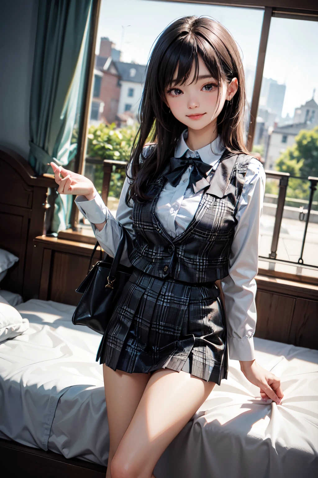very cute and beautiful girl,(highly detailed beautiful face), standing near bed sheet,detailed legs,long sleeve white blouse,(plaid vest), looking at viewer,(smile:1.2),happy,blush,embarrassed BREAK fashion bag and cosmetic bags are on bed, tight pleated black mini skirt,black hair, antique hotel bedroom,window,distant trees and town,dim light, (best quality,masterpiece),absurdres,highres,ultra-detailed,extremely detailed,32k,8k resolution, intricate details,cinematic scene,detailed background,solo,dynamic angle,