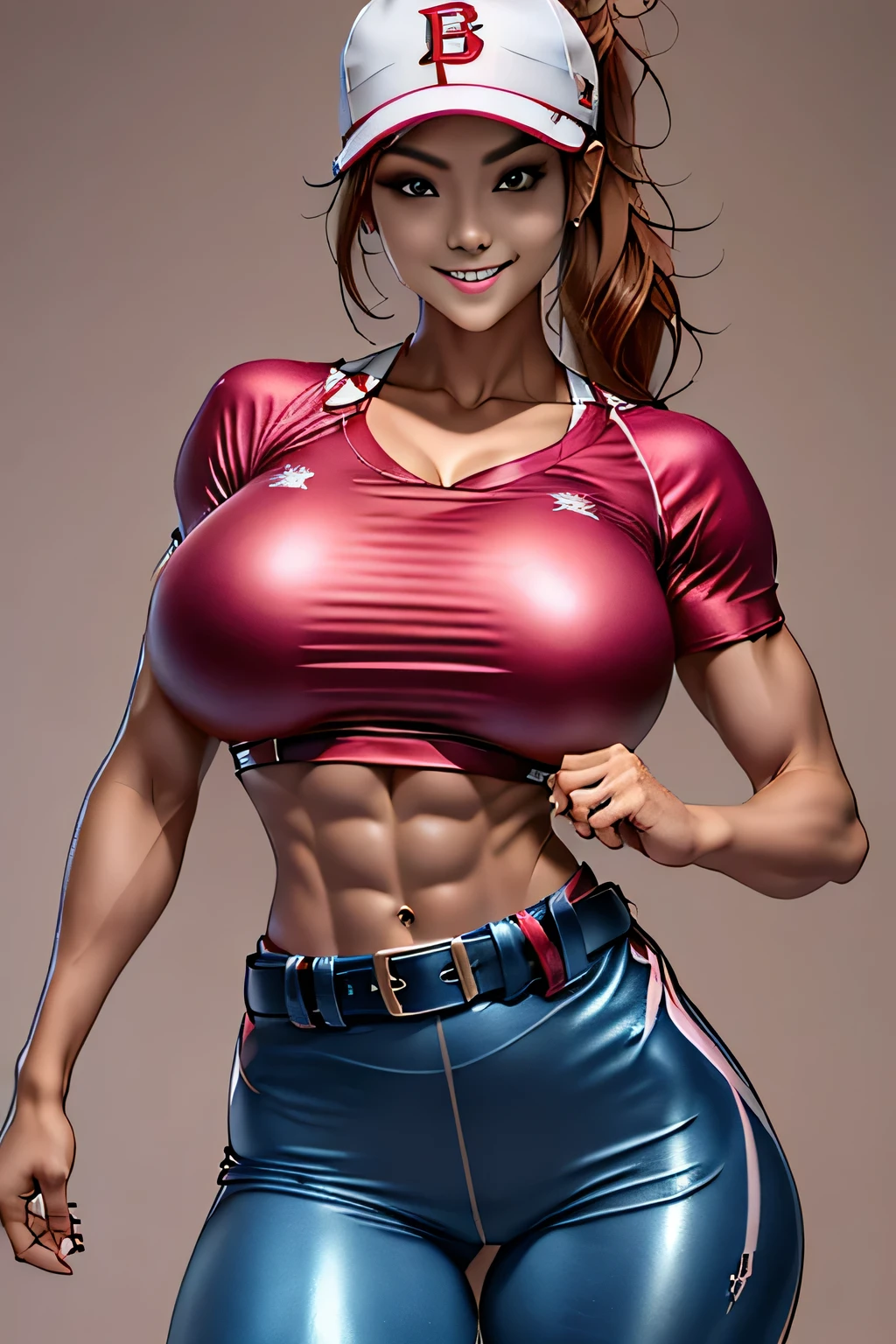 (Sharp focus:1.2), , Attractive young woman solo, (Beautiful Face:1.1), Beautiful Eyes, Seductive lips, (Smokey Eye Makeup:0.85), (Big and ample breasts:1.3), (Moving objects:1.5), Arafei female solo ponytail height model、Fluorescent pink baseball uniform、Baseball cap、Short sleeve shirt、belt、Five Fingers、Long, slender legs,、Long trousers、Spikes、Redhead、blue eyes、Fitness body types、Dynamic pose、Mischievous Smile