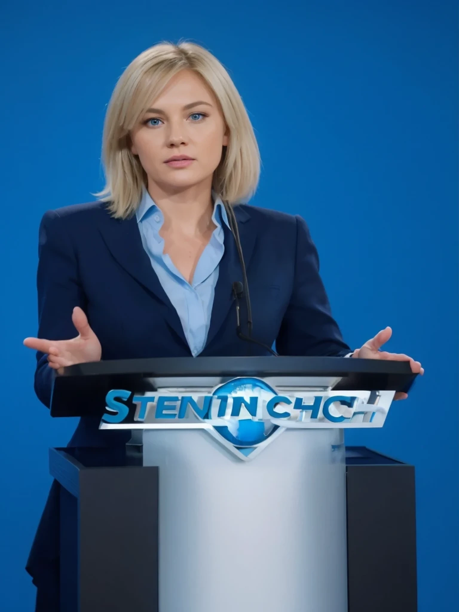 the most beautiful woman, beautiful Dutch milf face, blue eyes, short blonde hair, white skin, dark blue two-piece formal suit, light blue shirt, she is speaking in a pulpit, technology company logo that says Steintech, big screen with blue world map, faint bluish light colors, Ultra detailed, hyperrealistic, 4k, Ultra detailed image, realistic, Highly detailed, perfect composition, splendid, Intricately detailed, Incredibly detailed, 8 k artistic photography, hyper detailed, Masterpiece, Ultra detailed, hyper realistic , 4k, Ultra detailed image, realistic, Highly detailed, perfect composition, splendid, Intricately detailed, Incredibly detailed, 8 k artistic photography, hyper detailed, Masterpiece