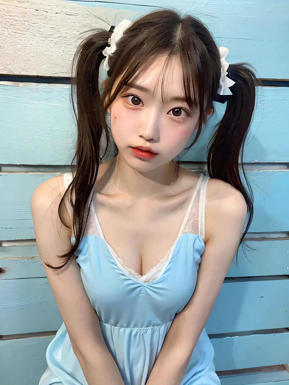 one person、17 years old、Full body photo、slender、woman、White drool coming out of the mouth、Twin tails、 Fair skin, messy hair, super cute、Soft and Face、8k resolution、Surreal、Ultra high definition、 A-cup small breasts（（Highest resolution、8k、masterpiece：1.3））、Ultra-fine face、Ultra Fine Lips、Beautiful Eyes、double eyelid,Blue Wall、White bandeau dress:1.1、Thighs、thin,Thighs are visible、Shapely small breasts、