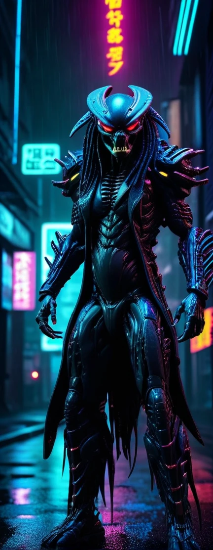 neon noir science fiction, grunge style futuristic alien, the predator cyberpunk, dark, rainy streets, neon signs, high contrast, low light, vibrant, highly detailed