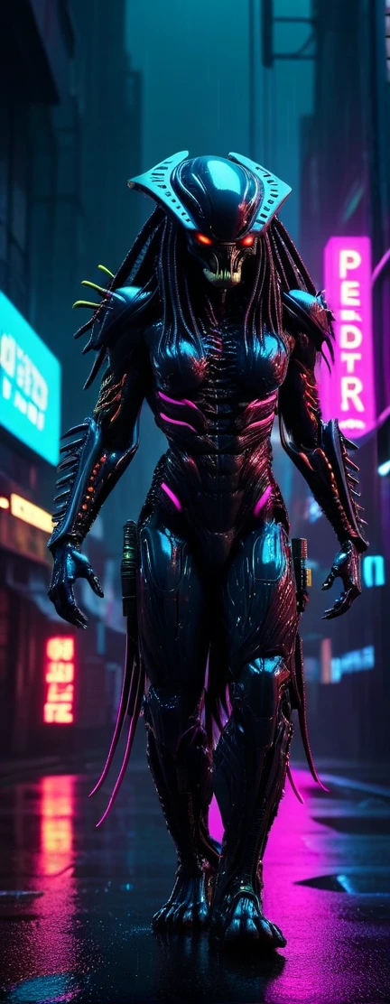 neon noir <lora:FuturisticAlienV1:1.0>, <lora:add-detail-xl:1.0>, science fiction, grunge style futuristic alien, cyberpunk, dark, rainy streets, neon signs, high contrast, low light, vibrant, highly detailed