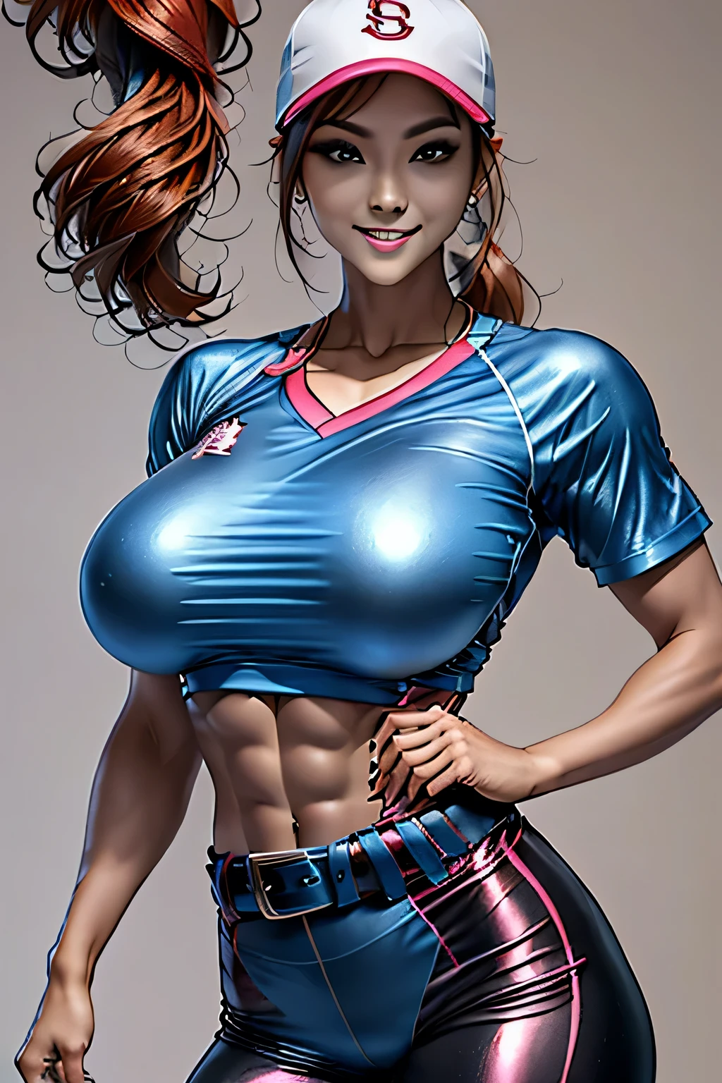 (Sharp focus:1.2), , Attractive young woman solo, (Beautiful Face:1.1), Beautiful Eyes, Seductive lips, (Smokey Eye Makeup:0.85), (Big and ample :1.3), (Moving objects:1.5), Arafei female solo ponytail height model、Fluorescent pink baseball uniform、Baseball cap、Short sleeve shirt、belt、Five Fingers、Long, slender legs,、Long trousers、Spikes、Redhead、blue eyes、Fitness body types、Dynamic pose、Mischievous Smile