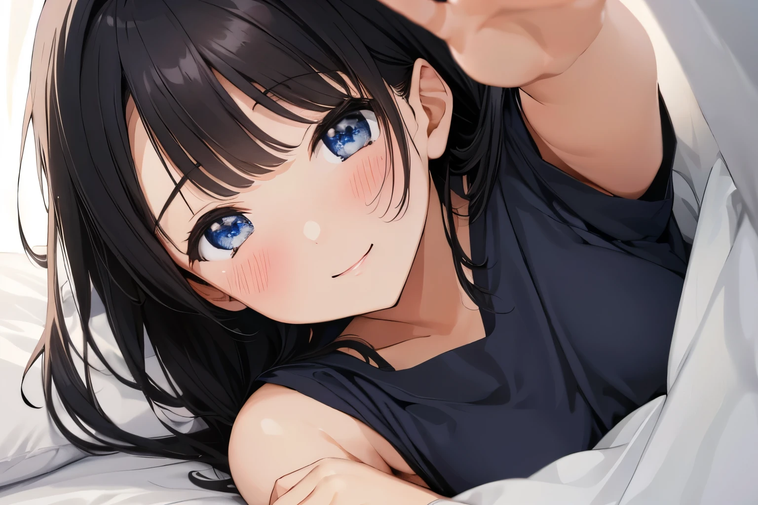 Masterpiece、highest quality、1 female、Super detailed Black Hair、bangs Blue Eyes、Detailed depiction of the eyes Smiling、blush camisole Face is close、Facial Close-up、Bring your face closer Sheetsに肘をつく、Stand on your elbows to the side、Spread your shoulders、Put one hand out here、Raise one arm、Spread your arms、Sheetsを持ち上げる Sheets