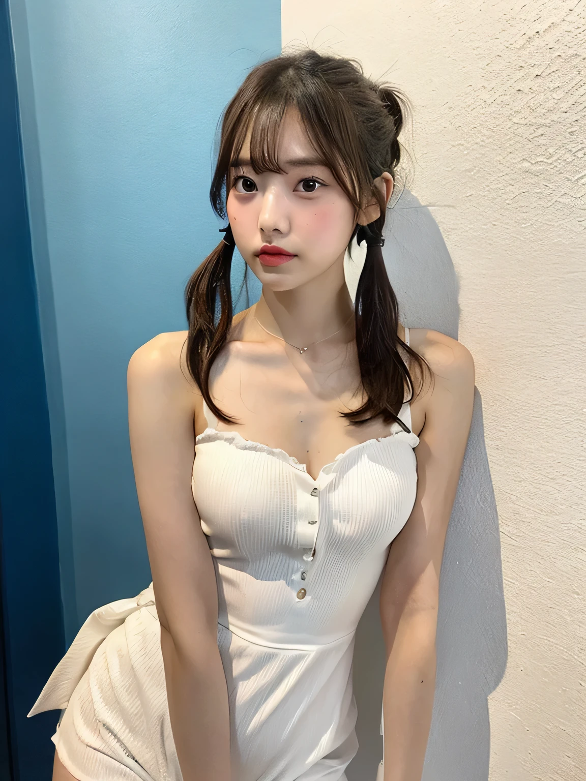 one person、、Full body photo、slender、woman、White drool coming out of the mouth、Twin tails、 Fair skin, messy hair, super cute、Soft and Face、8k resolution、Surreal、Ultra high definition、 A-cup small breasts((Highest resolution、8k、masterpiece:1.3))、Ultra-fine face、Ultra Fine Lips、Beautiful Eyes、double eyelid,Blue Wall、White bandeau dress:1.1、Thighs、thin,Thighs are visible、Shapely small breasts、