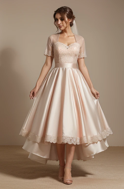 Salmon-colored shawl-style wedding dress with short sleeves
