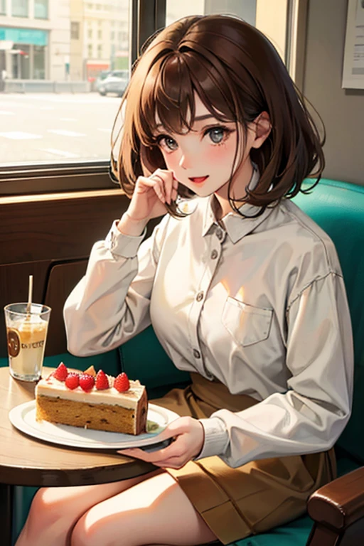 1girl,solo,brown hair and medium hair,happy,cute,in cafeteria,cake on the table,she look the cake,she sitting a sofa, from the front