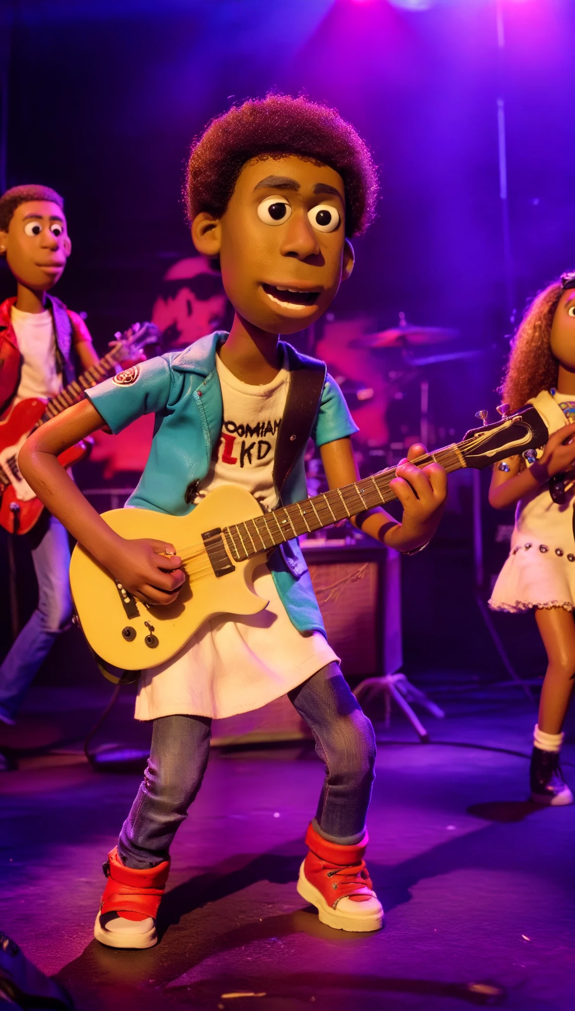 claymation, a Dominican kid playing guitar in a club, rock band, concert