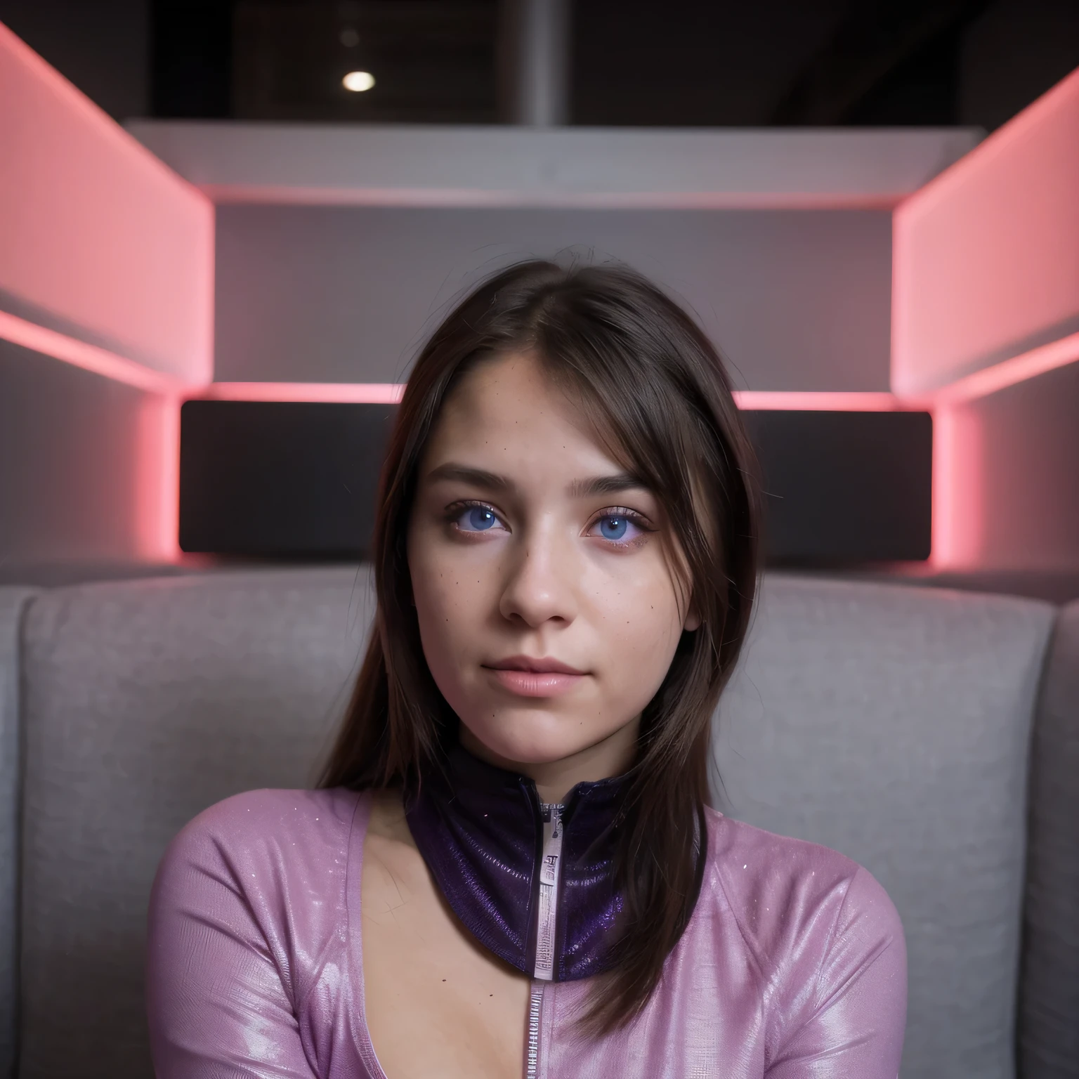 photo of a college student, in Purple Pink, futuristic space suit, (freckles:0.8) cute face, sci-fi, dystopian, detailed eyes, Heterochromia eyes（（Side view））