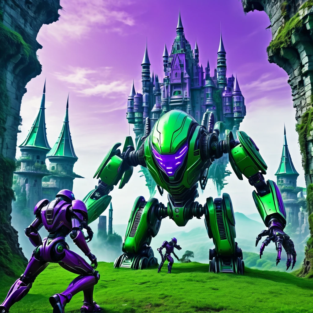 cybernetic warriors do battle in front of a robotic castle, green vs purple, high fantasy sci fi, alien world dream castle