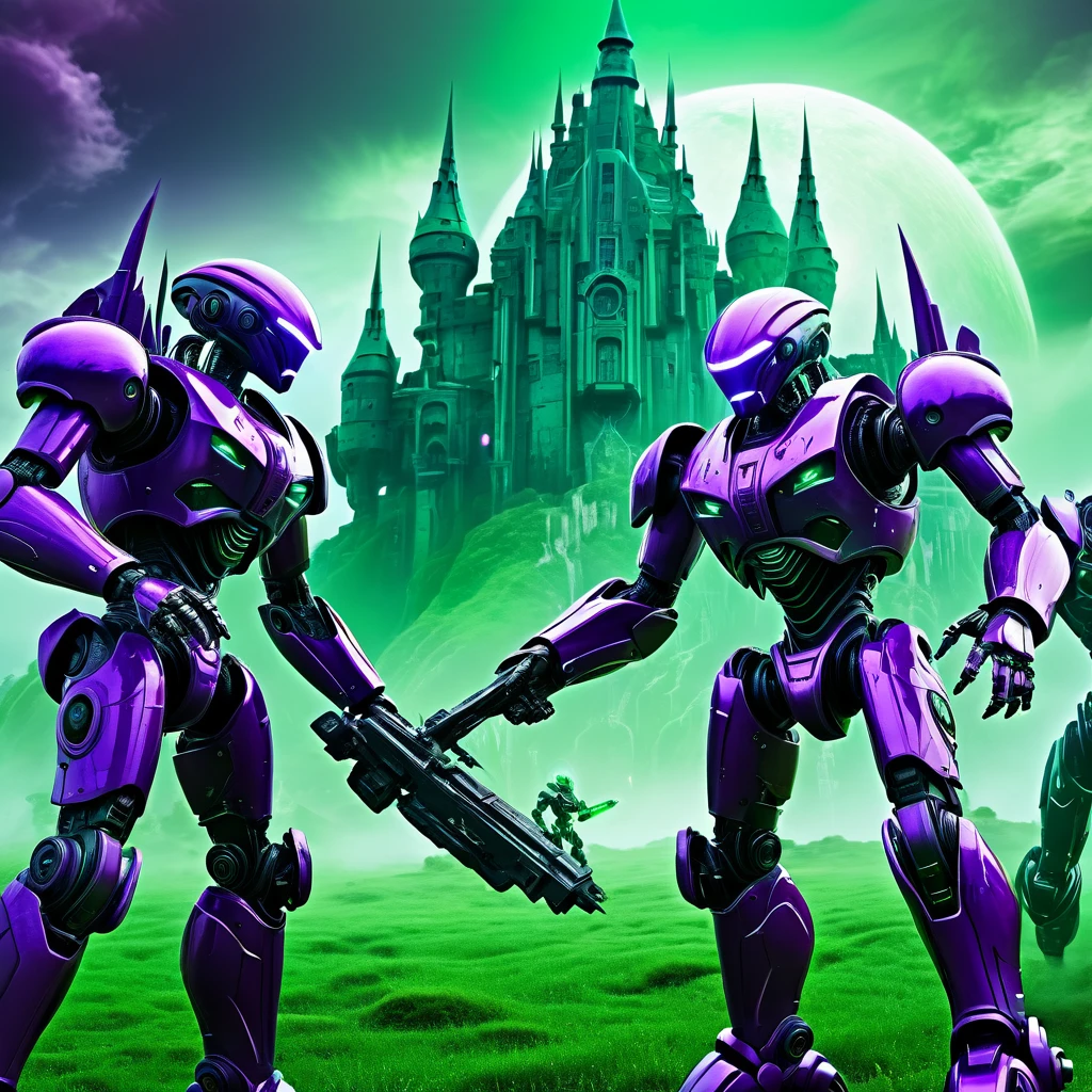 cybernetic warriors do battle in front of a robotic castle, green vs purple, high fantasy sci fi, alien world dream castle