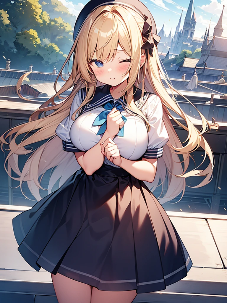 Tabletop, highest quality,figure, wallpaper, Super detailed, Absurd beauty、((School rooftop、evening))、The fence is up、You can see the ground、Backlight、((Two beautiful girls、))、(Blonde、long、Wavy Hair、Very large breasts)、((Give a deep kiss))、Close your eyes、Hair swaying in the wind、、White sailor suit with short sleeves、Blue and white checked skirt、blush、Shyness