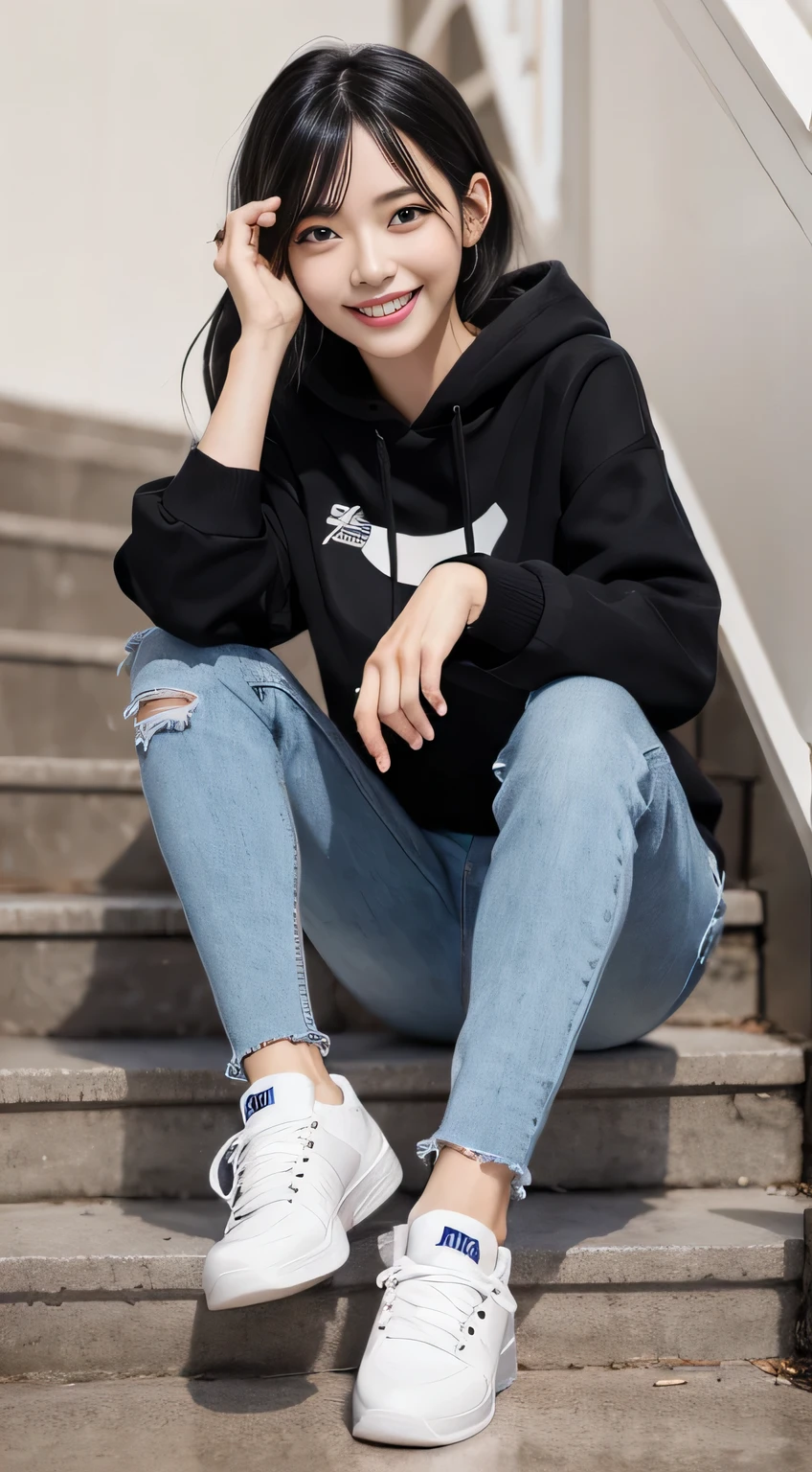 highest quality, Realistic, Very detailed, Finer details, High resolution, 8k wallpaper, One beautiful woman,Sit on the stairs、（Wear black socks）smile、（Beautiful teeth alignment、）（Gums are visible） Oversized hoodie, Skinny jeans,（ Black sneakers）、Black Hair、 Beautiful Bangs、ear piercing、Perfect dynamic composition, Beautiful and detailed, Full Body Shot, A big smile wearing colorful socks