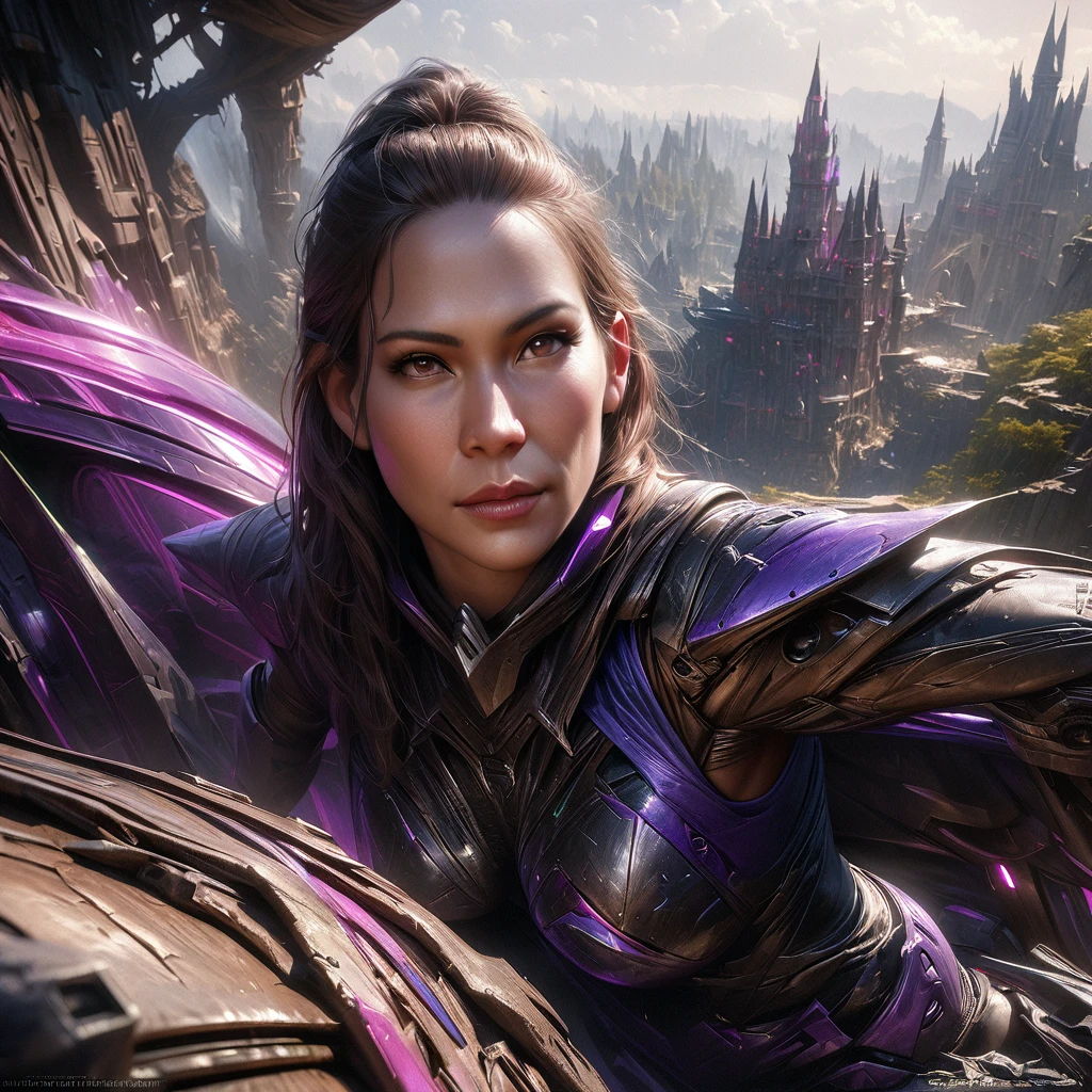 (best quality,4k,8k,highres,masterpiece:1.2),ultra-detailed,(realistic,photorealistic,photo-realistic:1.37), busty cybernetic warriors, detailed robotic castle, vibrant green and purple colors, high fantasy sci-fi, alien world dream-like atmosphere