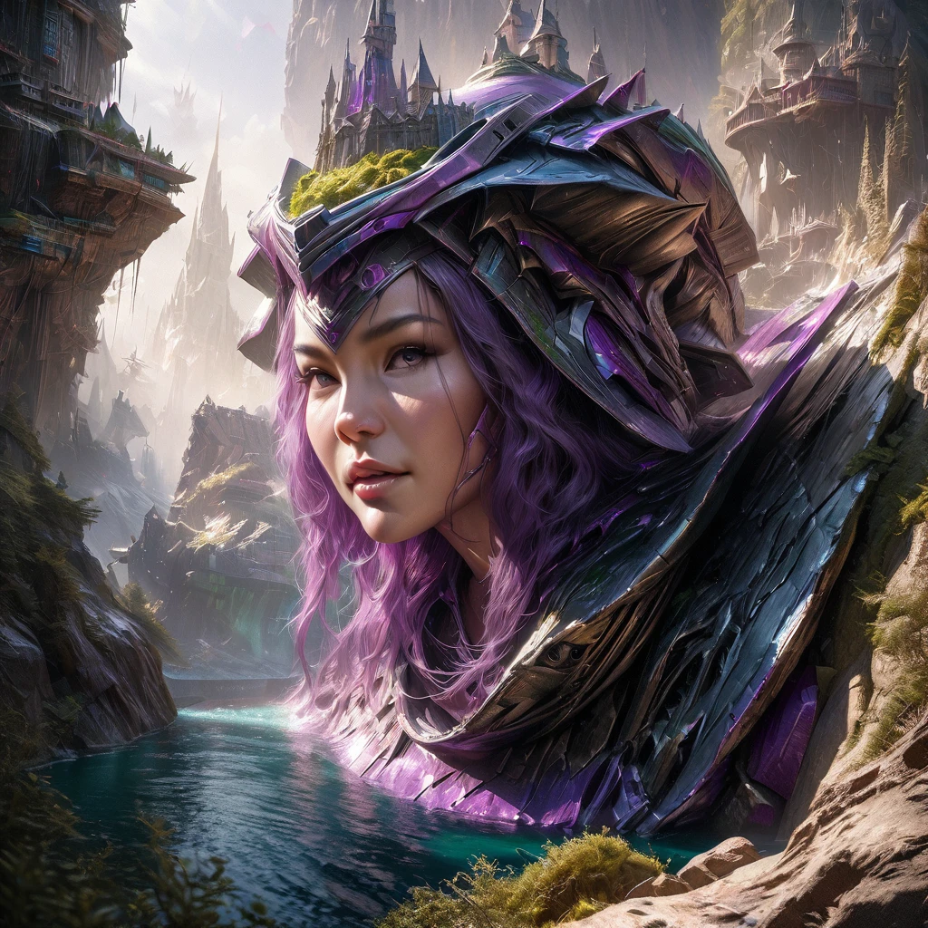 (best quality,4k,8k,highres,masterpiece:1.2),ultra-detailed,(realistic,photorealistic,photo-realistic:1.37), busty cybernetic warriors, detailed robotic castle, vibrant green and purple colors, high fantasy sci-fi, alien world dream-like atmosphere