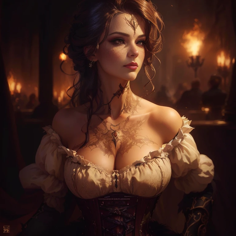 A woman in a corset dress is taking a picture, fantasy genre portrait, Amazing character art, Beautiful character drawings, epic fantasy art portrait, Magnificent and elaborate character art, cgsociety portrait, Amazing digital illustrations, Seductive hypnotist woman, Beautiful digital art, Movie busts, Surreal fantasy art, A magnificent and elegant portrait, Photorealistic Dark Concept Art