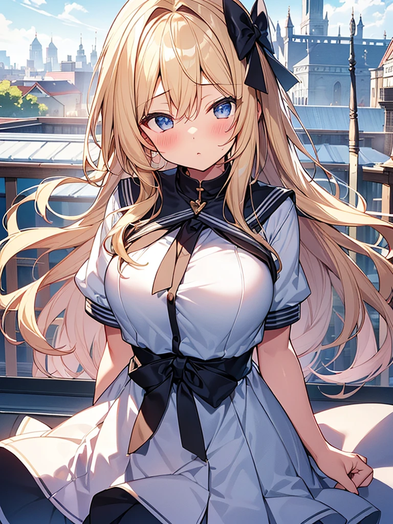 Tabletop, highest quality,figure, wallpaper, Super detailed, Absurd beauty、((School rooftop、evening))、The fence is up、Backlight、(((Two beautiful girls、)))、(Blonde、long、Wavy Hair、Very large breasts)、((Give a deep kiss))、Close your eyes、Hair swaying in the wind、、White sailor suit with short sleeves、Blue and white checked skirt、blush、Shyness