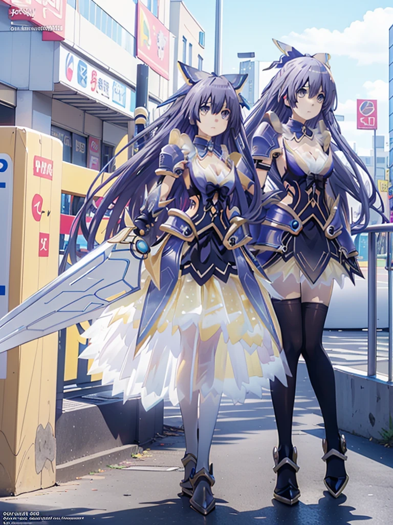 Great quality ++ High resolution extremely detailed, very aesthetic, expressive eyes, perfect face, face symmetrical, good anatomy, perfect hands, 8k, UHD, HD wallpaper, high quality, Ultra detailed, ((((1girl)))), (((standings))), ((((full body)))), (((upper body))), ((((Date A Live)))), ((((Miku Izayoi)))), (((astral dress))), (((Long hair))), (((Light Indigo hair))), (((Silver eyes))), (((weapon))), (((armor))), (((sword))), ((((yellow dress)))), white polkadots on dress, long gloves, elbow gloves, (((asymmetrical body))), (((asymmetrical hair))), (((asymmetrical clothes))), (((city background))),
