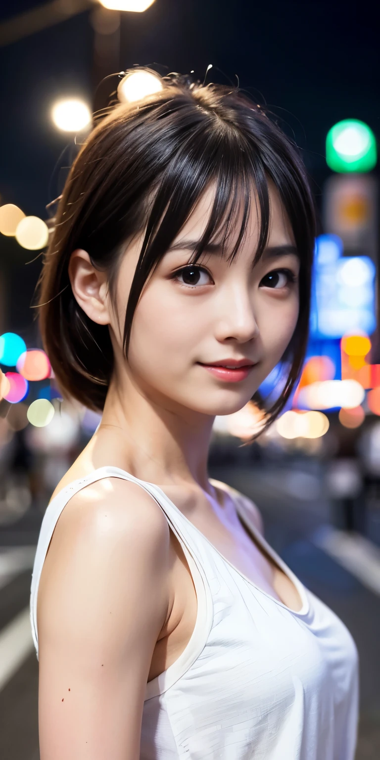 1 Girl, Tokyo Street,night, Streetscape,City lights,Upper Body,close,smile,, (8K, Raw photo, highest quality, masterpiece:1.2),(Realistic, photo-Realistic:1.37),