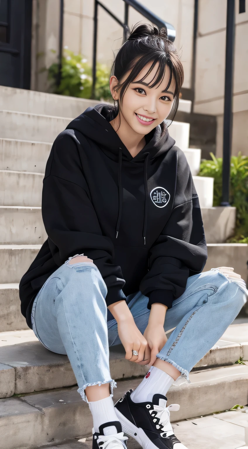 highest quality, Realistic, Very detailed, Finer details, High resolution, 8k wallpaper, One beautiful woman,Sit on the stairs、（Wear black socks）smile、（Beautiful teeth alignment、）（Gums are visible） Oversized hoodie, Skinny jeans,（ Black sneakers）、Black Hair、 Beautiful Bangs、ear piercing、Perfect dynamic composition, Beautiful and detailed, Full Body Shot, A big smile wearing colorful socks