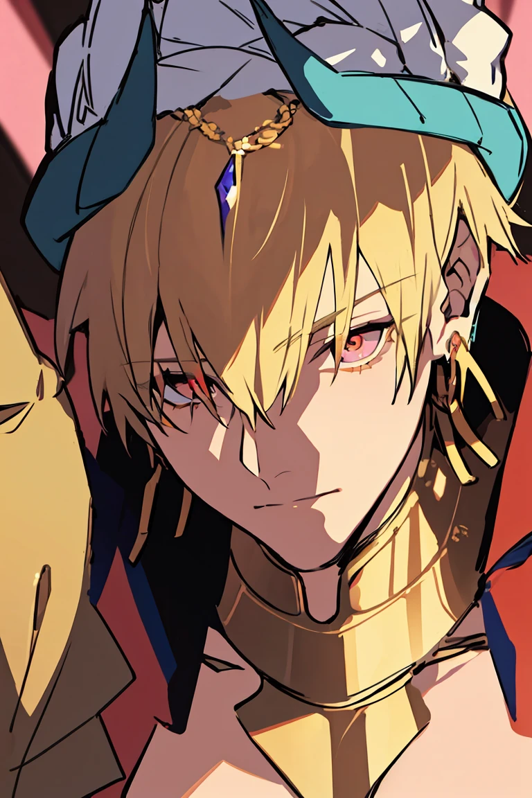 fate grand order (absurdres, highres, ultra detailed, HDR), masterpiece, best quality, Gilgamesh, 1man, solo, handsome, short hair, blonde hair, vibrant red eyes, finely eye and detailed face, golden earrings, pink lotus, petals