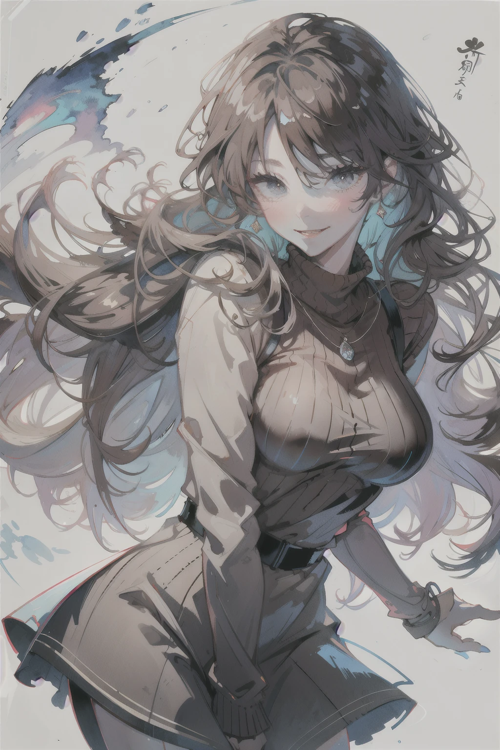 8k,masterpiece,highest quality,Dynamic pose,Beautiful woman with long hair,smile:1.6,brown sweater dress, slim,,Watercolor \(Moderate\)