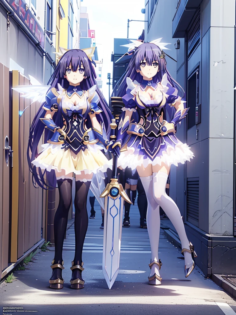 Great quality ++ High resolution extremely detailed, very aesthetic, expressive eyes, perfect face, face symmetrical, good anatomy, perfect hands, 8k, UHD, HD wallpaper, high quality, Ultra detailed, ((((1girl)))), (((standings))), ((((full body)))), (((upper body))), ((((Date A Live)))), ((((Miku Izayoi)))), (((astral dress))), (((Long hair))), (((Light Indigo hair))), (((Silver eyes))), (((weapon))), (((armor))), (((sword))), ((((yellow dress)))), white polkadots on dress, long gloves, elbow gloves, (((asymmetrical body))), (((asymmetrical hair))), (((asymmetrical clothes))), (((city background))),
