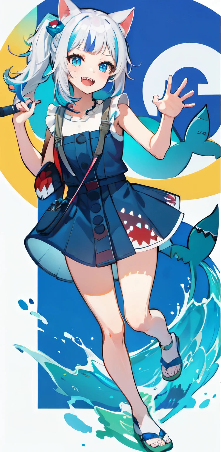 masterpiece, high quality, houshouBikini, highres, absurdres, ultra-detailed, detailed eyes, 8k, ti-emb_kobo-kanaeru, 1girl, colorful eyes, fangs, open mouth, bangs, colorful background, looking at viewer, vibrant, contrast, gradient hair, happy, graffiti wall background, water splash, close up, small breast, 2d, masterpiece, best quality, anime, highly detailed, full body, 1girl, solo, gura_neko, blue dress, cat ears, side ponytail, cube hair ornament, sandals, :d, sharp teeth, shark tail, shoulder bag,  shore town