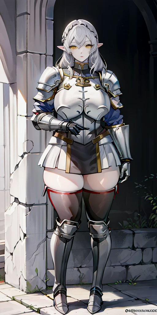 masterpiece, best quality, high quality, 1solo white SKIN elf, long hair, white hair, yellow eyes, full body, def_effie, blue breastplate, looking at viewer, shiny,armor, thighhighs, high boots,shoulder armor, faulds, poleyn, gloves, gauntlets