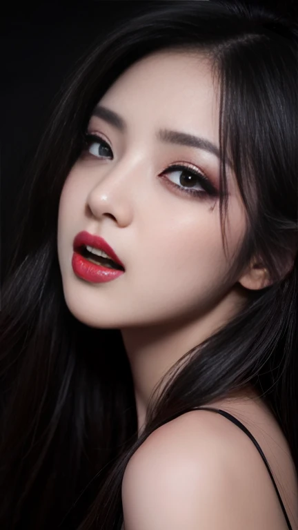 highest quality、masterpiece、8k、Award-winning works、Hyperrealism、Vampire Princess、、Photographing faces with beautiful composition、The most detailed and beautiful face、Cold look、look at me、Long eyelashes、Creepy Makeup、Black lipstick、purple eye shadow、Beautiful glossy lips、Top quality ultra HD skins、The most detailed eyes、High quality black camisole、Pitch black background、dark、Beautiful long hair、(Glowing Eyes、Sharp Fangs、Bloody mouth)、(((Mid Shot 1.5)))、Backlight、(((kissing pose 1.5)))