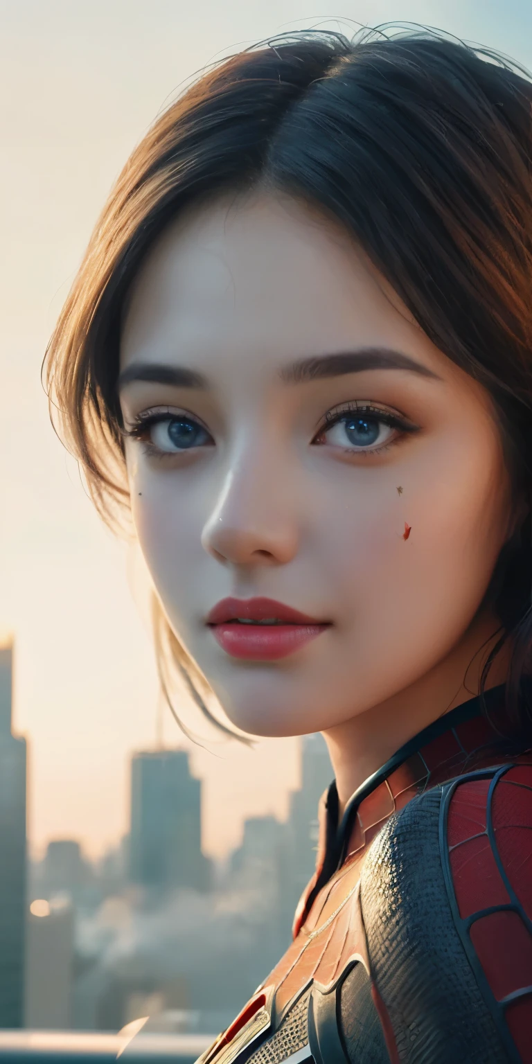 (1girl:1.3), Solo, (((Very detailed face)))), ((Very detailed eyes and face)))), Beautiful detail eyes, Body parts__, Official art, Unified 8k wallpaper, Super detailed, beautiful and beautiful, beautiful, masterpiece, best quality, original, masterpiece, super fine photo, best quality, super high resolution, realistic realism, sunlight, full body portrait, amazing beauty, dynamic pose, delicate face, vibrant eyes, (from the front), She wears Spider-Man suit, red and black color scheme, spider, very detailed city roof background, rooftop, overlooking the city, detailed face, detailed complex busy background, messy, gorgeous, milky white, highly detailed skin, realistic skin details, visible pores, clear focus, volumetric fog, 8k uhd, DSLR, high quality, film grain, fair skin, photo realism, lomography, futuristic dystopian megalopolis, translucent
