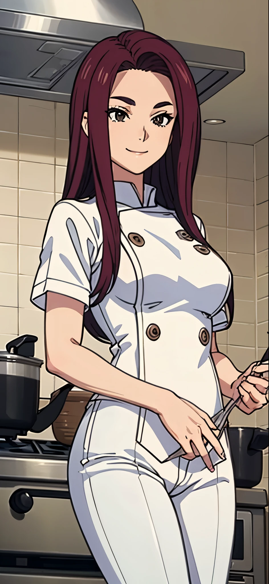 masterpiece, best quality, sakaki ryouko, chef uniform, white pants, cooking, kitchen, furrowed brow, smile