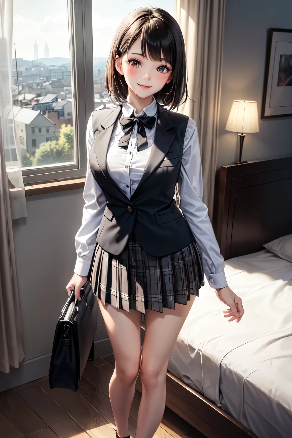 very cute and beautiful girl,(highly detailed beautiful face),
standing near bed sheet,detailed legs,plaid vest,long sleeve white blouse,
looking at viewer,(smile:1.2),happy,blush,embarrassed BREAK cosmetic bags and fashion bag lie on bed,
(tight pleated black mini skirt:1.08),black hair,
antique hotel bedroom,window,distant trees and town,dim light,
(best quality,masterpiece),absurdres,highres,ultra-detailed,extremely detailed,32k,8k resolution,
intricate details,cinematic scene,detailed background,solo,dynamic angle,