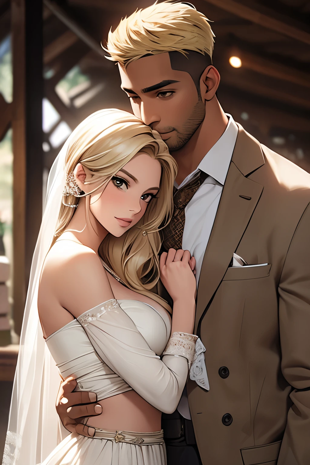 blonde woman, brown man, newlyweds