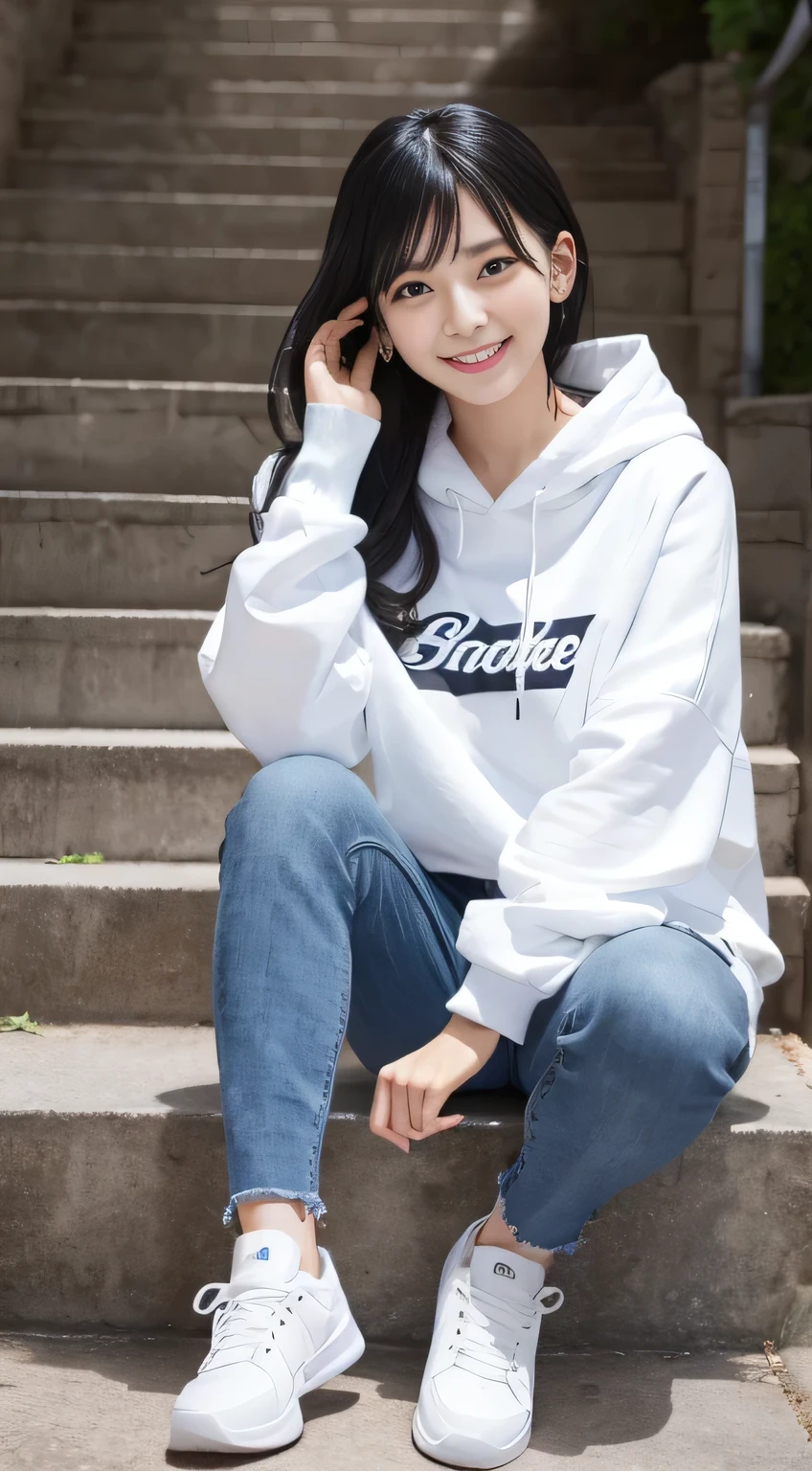 highest quality, Realistic, Very detailed, Finer details, High resolution, 8k wallpaper, One beautiful woman,Sit on the stairs、(Wear black socks)smile、(Beautiful teeth alignment、)(Gums are visible) Oversized hoodie, Skinny jeans,( Black sneakers)、Black Hair、 Beautiful Bangs、ear piercing、Perfect dynamic composition, Beautiful and detailed, Full Body Shot, A big smile