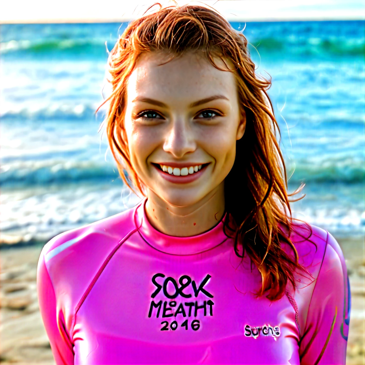 Woman, European, ginger, 20 years old, wearing pink wetsuit, ((posing)), smiling, beach, sunny, photorealistic, medium distant photo, Masterpiece, 8k, wet hair