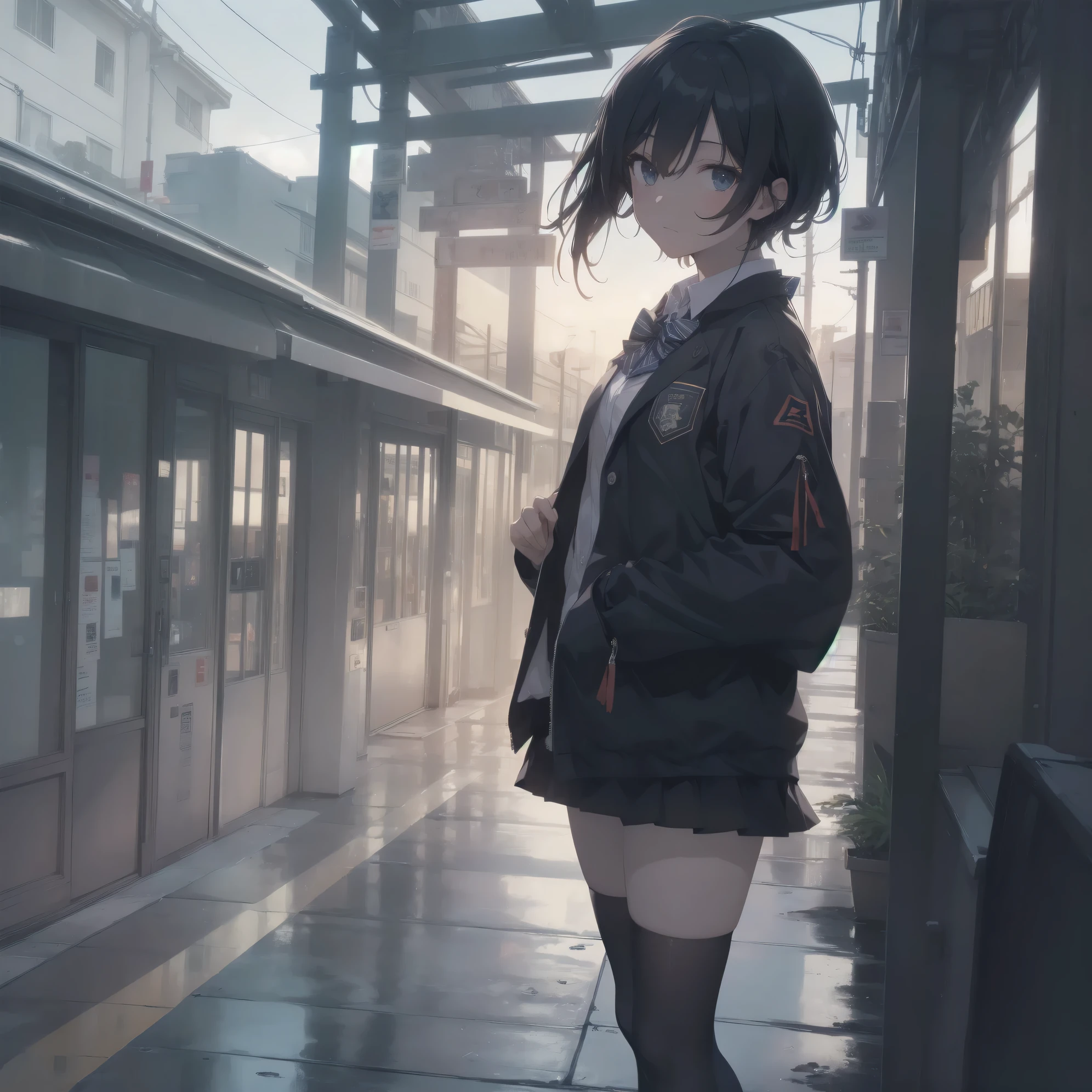 ultra-absurdres-Top quality by artist God, ultra-detailed, high resolution, anime moe artstyle, best anime 8k konachan wallpaper, pixiv contest winner, pool:2810, perfect anatomy,break, 1girl, (Please draw a girl walking sleepily to school alone. )break,(Solo,little female, 13-year-old:1.3),Full limbs, complete fingers,a junior high school student, (very short hair), short cut, flat chest, , small butt, small black eyes, beautiful detailed eyes, well-proportioned iris and pupils, expressive eyes, highres detailed hair, soft expression, school_uniform, bowtie, collared shirt. pleated skirt,(Detailed Lighting), (Detailed background), in the School commute route. break,super detailed skin, Best cinematic lighting powered by famous artist, 8k,beauty illustration,photoshop_(medium),very aesthetic,break,((artist:phantom_ix_row )), artist:bolze ,artist:oyari ashito ,artist:kantoku ,