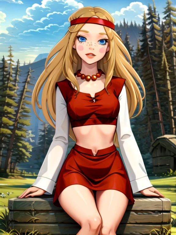 (((highliest-professional-exactly-matching-photo-real-life))) (((outdoors, nature))) alyonushka, 1girl, long hair, blonde hair, solo, blue eyes, jewelry, headband, necklace, freckles, blush, dress, parody, bead necklace, navel, looking at viewer, parted lips, long sleeves, pearl necklace, red dress, medium breasts, lips, midriff, blush stickers, sitting, spread legs, panties 