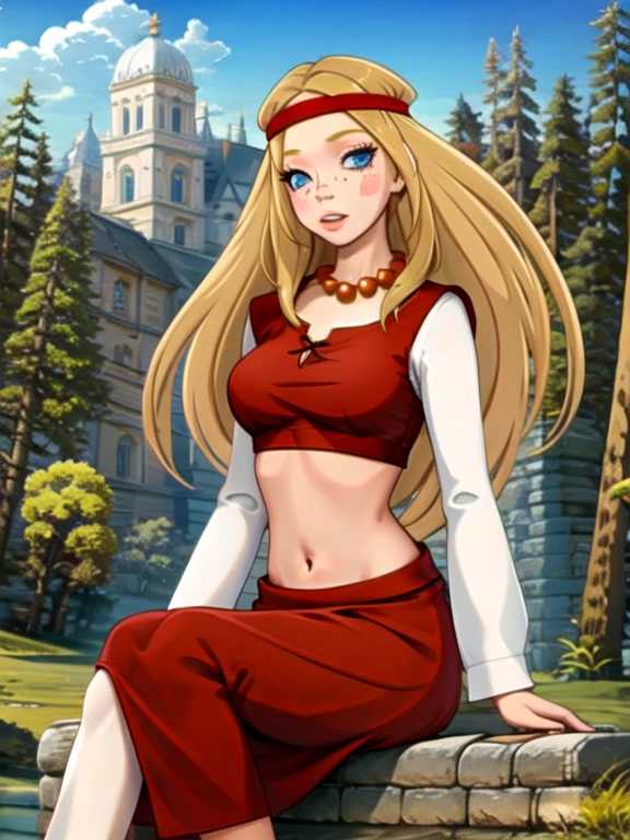 (((highliest-professional-exactly-matching-photo-real-life))) (((outdoors, nature))) alyonushka, 1girl, long hair, blonde hair, solo, blue eyes, jewelry, headband, necklace, freckles, blush, dress, parody, bead necklace, navel, looking at viewer, parted lips, long sleeves, pearl necklace, red dress, medium breasts, lips, midriff, blush stickers, sitting, spread legs, panties 