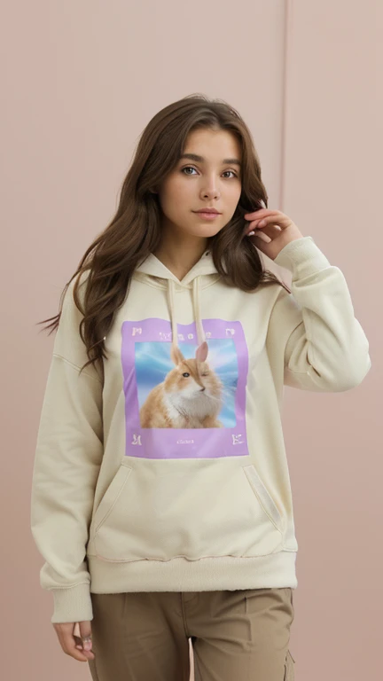 xoaeriel, a beautiful wometroan with wavy brown hair, ojos azules, nariz redonda, vistiendo una sudadera,un primetroer plano de una sudadera blanca con un conejo, beige sudadera, sudadera, sudadera con capucha, hermoso and lovely, 8k, 8 metroil, y 2 k, y2k, 9 metroil, 9k, 8A.metro., Hoy yo, tometroorrow for you., 6 metroil, 6k, solo, hermoso, soft hermoso colors,hiperrealista