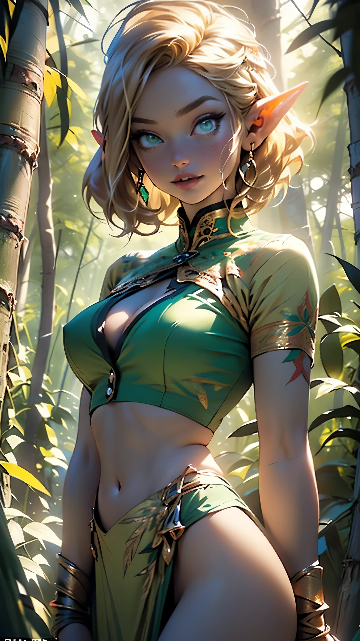 elf girl,(((1girl))),((extremely cute and beautiful elf girl)),(((16 years old))),(((elf))), (((elf ears:1.5))),

(large breasts:1.5),((((blonde short hair:1.35,(blonde pixie hair:1.5),colored inner hair,ear breathing)))),(pointed ears,(((green_eyes:1.3))),intricate eyes,beautiful detailed eyes,symmetrical eyes,big eyes:1.5,((fat)),(((lustrous skin:1.5,bright skin: 1.5,skin tanned,shiny skin,very shiny skin,shiny body,plastic glitter skin,exaggerated shiny skin,illuminated skin))),(spider lower abdomen,narrow waist,wide hip,athletic body,inflated legs,thick thighs,detailed body,(detailed face)),

cute,slutty,seductive,erotic,(nsfw),

(((huge cleavage))),revealing clothes,show skin,((underboob)),((elven warrior clothes)),revealing clothes,((loincloth)),(((pelvis curtain))),(((green theme clothes,intricate outfit,intricate clothes,embroidered outfit,ornate outfit))),

(dynamic pose:1.0),embarrassed,happy,(centered,scale to fit dimensions,Rule of thirds),

((pine forest,elven palace in the forest:1.5)),scenery:1.25,((intricate scenery)),((elven palace in the forest background)),

(Glossy winter ornaments),highres,sharp focus,(ultra detailed,extremely detailed),(photorealistic artwork:1.37),(extremely detailed CG unity 8k wallpaper),(((vibrant colors,vibrant theme))),(intricate),(masterpiece),(best quality),artistic photography,(photography taken by sldr),(intricate background),perfect rendered face,perfect face details,realistic face,photo realistic,((intricate detail)),(((realism))),
