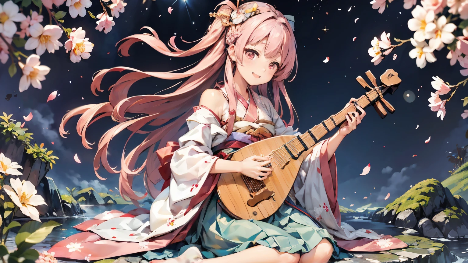 A beautiful woman plays the shamisen, smile,Flat Chest,Japanese kimono Straight pink long hair,Pink Hair, Off-the-shoulder tops, Petals in full bloom, highest quality, 8k,Official Art