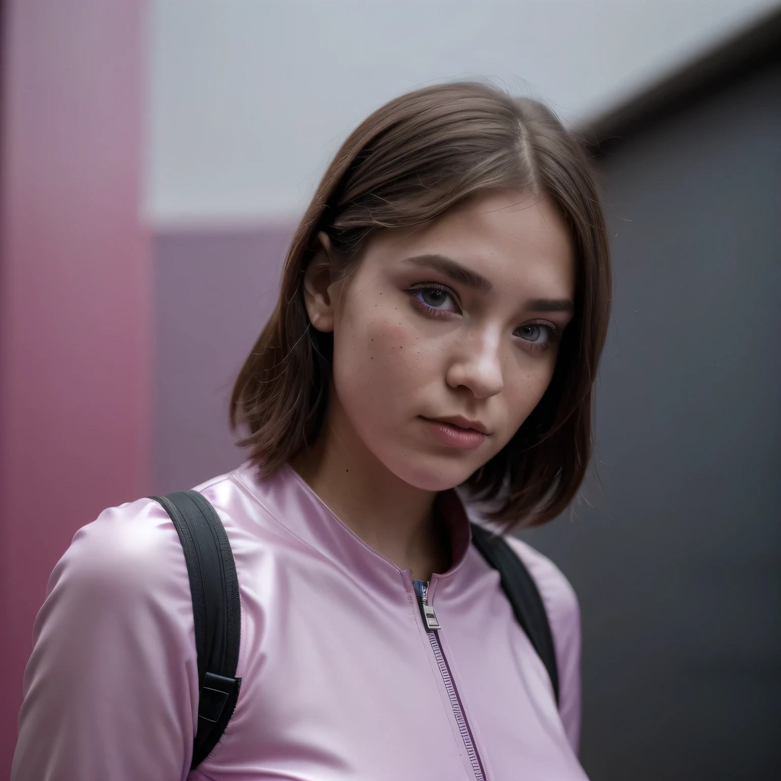 photo of a college student, in Purple Pink, futuristic space suit, (freckles:0.8) cute face, sci-fi, dystopian, detailed eyes, Heterochromia eyes（（Side view））