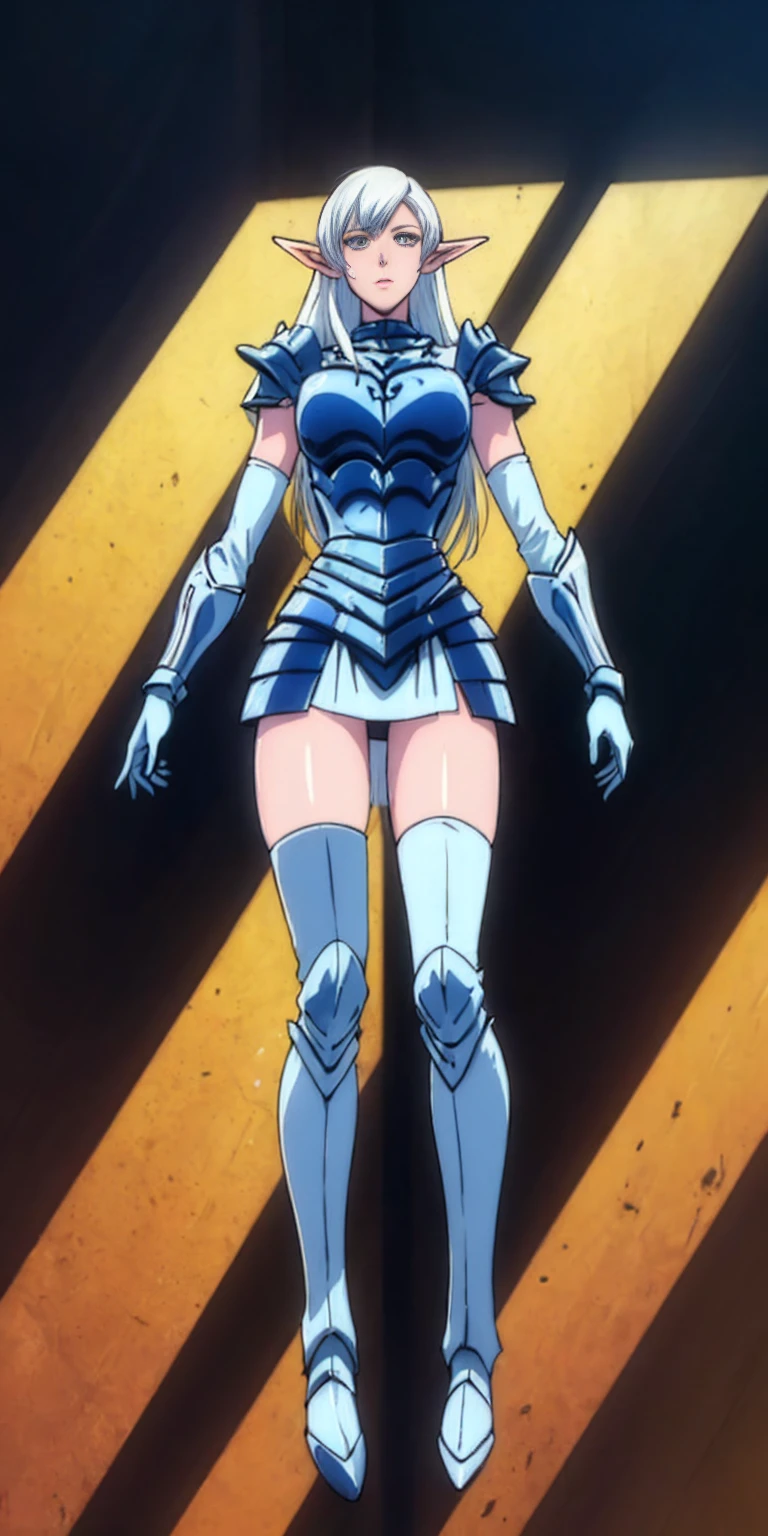 (masterpiece, best quality, high quality) 1solo white SKIN elf, long hair, white hair, yellow eyes, full body, def_effie, blue breastplate, looking at viewer, view from below, shiny, armor, thigh highs, high boots, shoulder armor, faulds, poleyn, gloves, gauntlets