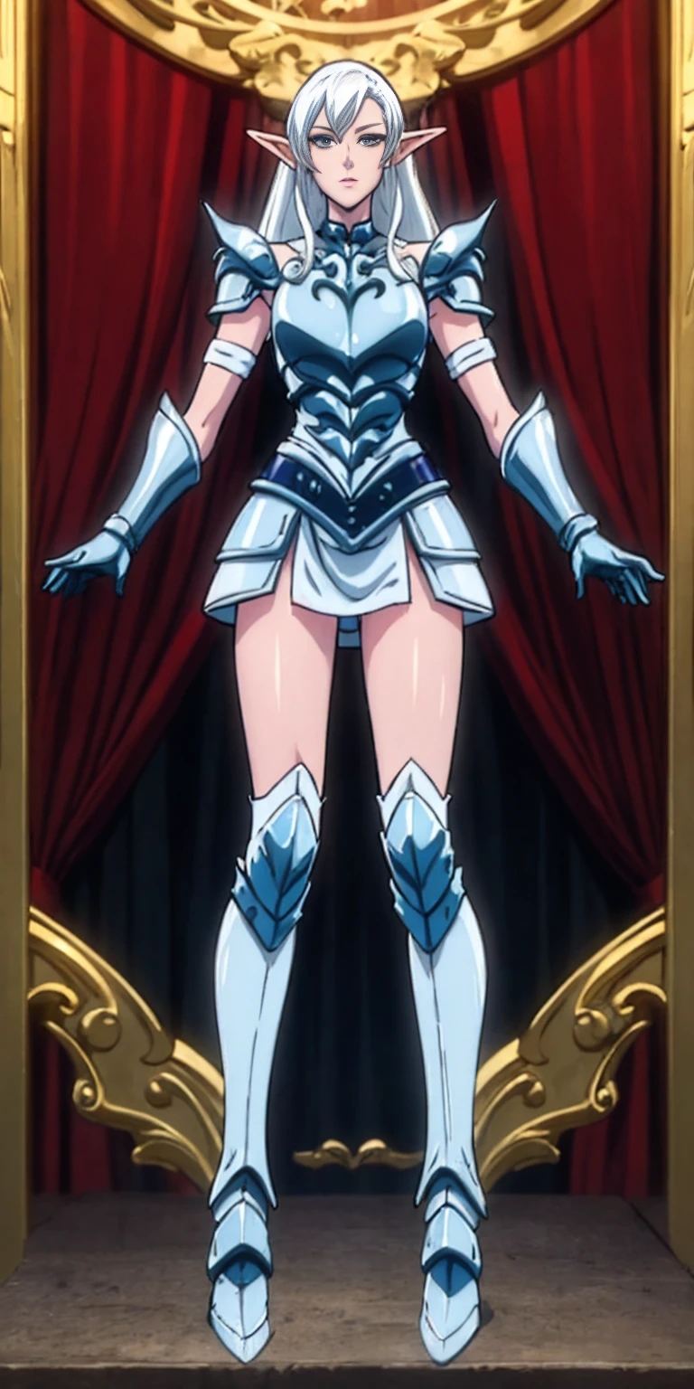 (masterpiece, best quality, high quality) 1solo white SKIN elf, long hair, white hair, yellow eyes, full body, def_effie, blue breastplate, looking at viewer, view from below, shiny, armor, thigh highs, high boots, shoulder armor, faulds, poleyn, gloves, gauntlets
