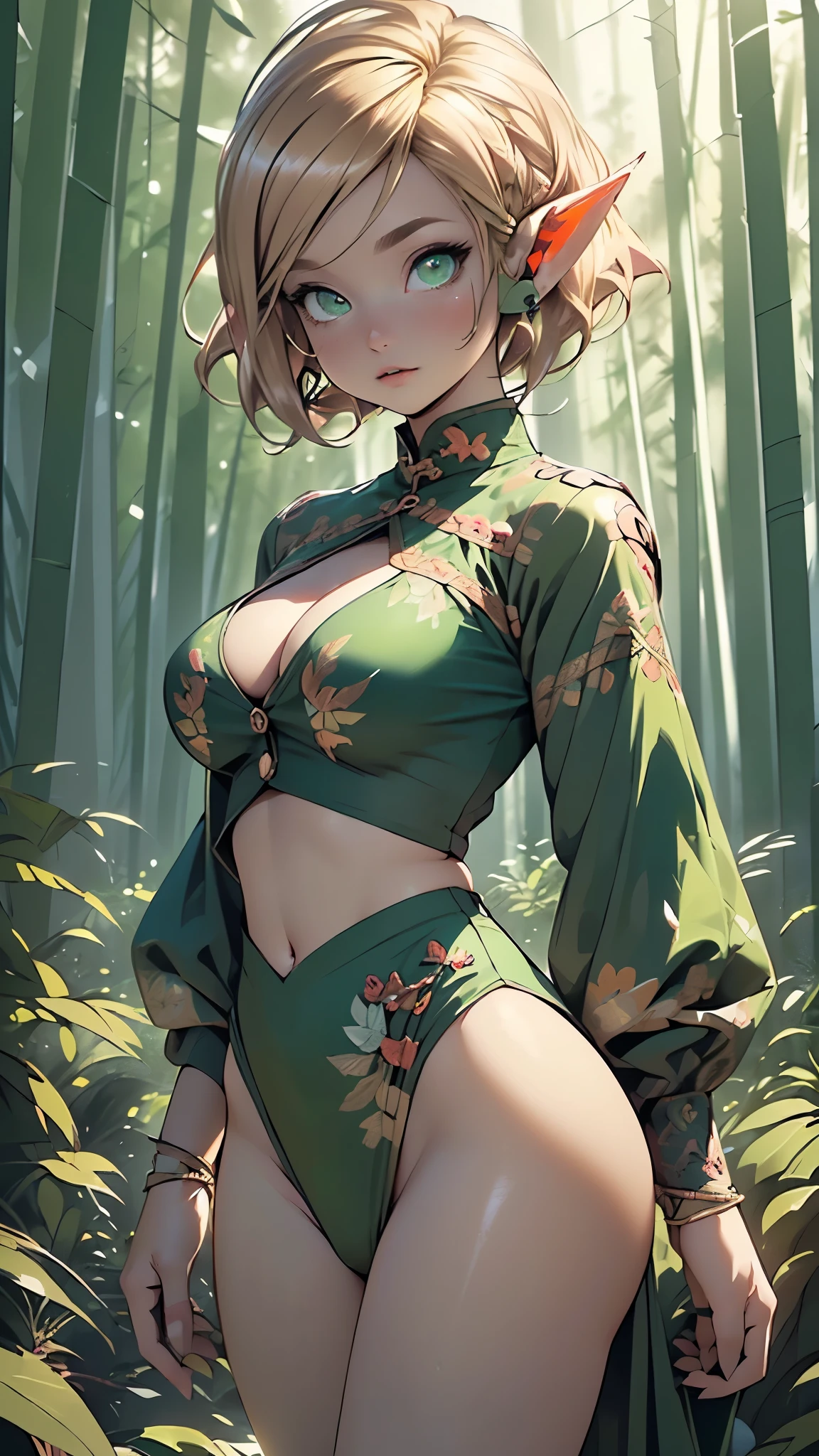 elf girl,(((1girl))),((extremely cute and beautiful elf girl)),((())),(((elf))), (((elf ears:1.5))),

(large breasts:1.5),((((blonde short hair:1.35,(blonde pixie hair:1.5),colored inner hair,ear breathing)))),(pointed ears,(((green_eyes:1.3))),intricate eyes,beautiful detailed eyes,symmetrical eyes,big eyes:1.5,((fat)),(((lustrous skin:1.5,bright skin: 1.5,skin tanned,shiny skin,very shiny skin,shiny body,plastic glitter skin,exaggerated shiny skin,illuminated skin))),(spider lower abdomen,narrow waist,wide hip,athletic body,inflated legs,thick thighs,detailed body,(detailed face)),

cute,slutty,seductive,erotic,(nsfw),

(((huge cleavage))),revealing clothes,show skin,((underboob)),((elven warrior clothes)),revealing clothes,((loincloth)),(((pelvis curtain))),(((green theme clothes,intricate outfit,intricate clothes,embroidered outfit,ornate outfit))),

(dynamic pose:1.0),embarrassed,happy,(centered,scale to fit dimensions,Rule of thirds),

((pine forest,elven palace in the forest:1.5)),scenery:1.25,((intricate scenery)),((elven palace in the forest background)),

(Glossy winter ornaments),highres,sharp focus,(ultra detailed,extremely detailed),(photorealistic artwork:1.37),(extremely detailed CG unity 8k wallpaper),(((vibrant colors,vibrant theme))),(intricate),(masterpiece),(best quality),artistic photography,(photography taken by sldr),(intricate background),perfect rendered face,perfect face details,realistic face,photo realistic,((intricate detail)),(((realism))),
