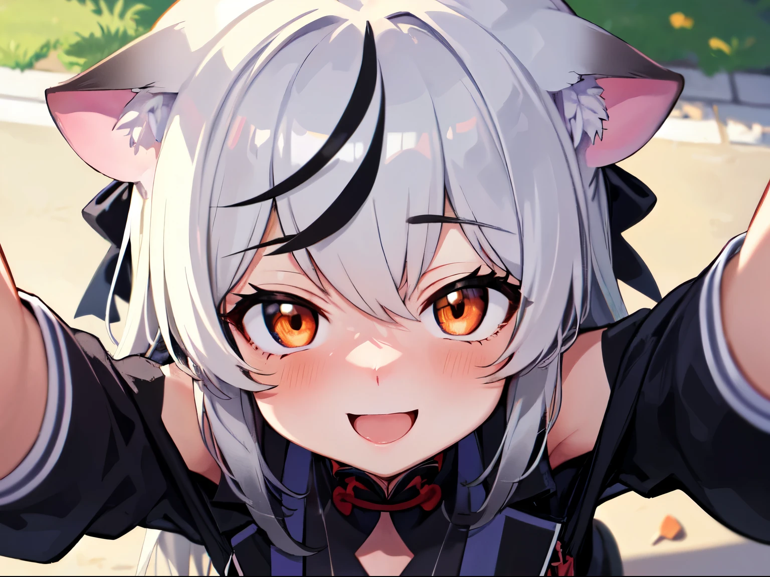 masutepiece, top-quality, ultra-details, Solo Focus,
(1KOKONA, open arms for viewer),
pigeon toed,
, White hair, Orange Eye, Smile:0.8, blush:1.3,
Black clothes, Black jacket, White skirt,
(From-front-above, Close-up Face:1.4),