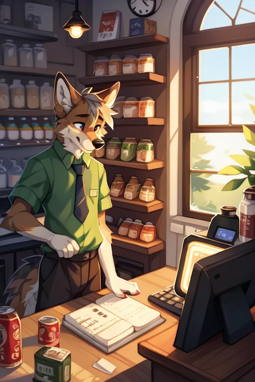 (cash register),full body，Male，coyote，grocer，old time grocery store，White apron with green checkered sleeves and blue tie，Green Shirt，Groceries on shelves in background，notebook，In the old time grocery store，There are cans on the shelf at the back，There is an old time cash register on the counter，old time incandescent lamp，scale，There is an old-fashioned steelyard on the counter, ((by keihound, by reysi)), by Zackary911, by hyattlen, by fumiko, by fluff-kevlar, Furry, Anthro,